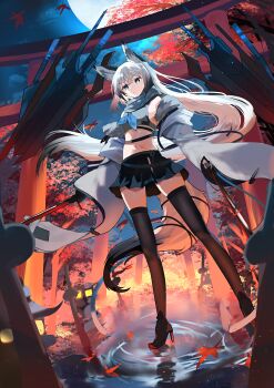 1girl absurdres animal_ears autumn_leaves azur_lane belt black_belt black_sailor_collar black_skirt blue_eyes detached_sleeves fox_ears fox_girl fox_tail full_body high_heels highres japanese_clothes katana kawakaze_(azur_lane) kawakaze_(meta)_(azur_lane) leaf looking_at_viewer midriff moon natsuki_(natsu_1936) navel night sailor_collar scar scar_on_stomach scarf shirt shrine skirt sleeveless sleeveless_shirt solo sword tail torii weapon white_shirt wide_sleeves