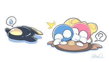 ? blue_skin colored_skin commentary_request crossover gen_5_pokemon gloves kirby_(series) kirby_air_ride kirby_air_riders lalala_(kirby) lololo_(kirby) nettsuu nintendo no_humans pink_skin pokemon pokemon_(creature) ribbon riding riding_pokemon signature simple_background spoken_sweatdrop stunfisk sweatdrop vampire_star white_background white_gloves yellow_ribbon