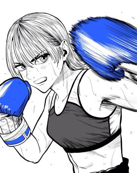 1girl abs blue_gloves boxing boxing_gloves boxing_shorts breasts commentary_request flying_sweatdrops gloves greyscale hair_behind_ear highres lee_(dragon_garou) linea_alba medium_breasts midriff monochrome motion_lines mouth_guard original punching serious shorts solo sports_bra spot_color sweat upper_body v-shaped_eyebrows very_sweaty