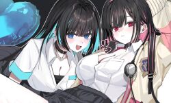 2girls balloon black_choker black_hair black_survival blue_eyes cardigan choker debi_(after_school)_(black_survival) debi_(black_survival) eternal_return:_black_survival green_hair grey_skirt heart_balloon long_hair marlene_(after_school)_(black_survival) marlene_(black_survival) medium_hair multicolored_hair multiple_girls okchun open_clothes open_shirt pink_hair red_eyes school_uniform shirt siblings skirt twins two-tone_hair white_shirt yellow_cardigan