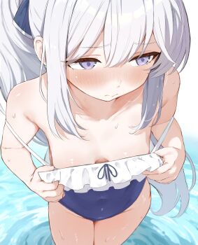 1girl blue_archive blue_one-piece_swimsuit blush breasts casual_one-piece_swimsuit commentary english_commentary esearu frilled_one-piece_swimsuit frills highres long_hair miyako_(blue_archive) miyako_(swimsuit)_(blue_archive) official_alternate_costume one-piece_swimsuit purple_eyes small_breasts solo swimsuit