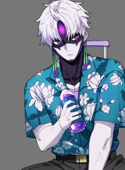 1boy belt blue_skirt bottle closed_mouth dandadan earrings enjoji_jin evil_eye_(dandadan) floral_print floral_print_skirt grey_background grey_pants holding holding_bottle jeon10457441 jewelry male_focus pale_skin pants possessed print_shirt print_skirt purple_eyes shirt short_hair short_sleeves sitting skirt solo third_eye upper_body white_hair