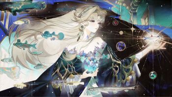 1girl ball bare_shoulders beryl_bouanich black_background black_cloak blonde_hair blue_eyes cloak closed_mouth crescent crescent_earrings crystal_ball dress earrings fish floating_earrings floating_hair hands_up highres holding holding_ball jewelry long_hair looking_to_the_side reverse:1999 sbgpand solo sparkle too_many too_many_fish upper_body white_dress