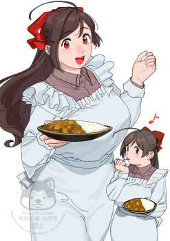 1girl absurdres ahoge apron brown_hair brown_shirt curry curry_rice dress_shirt eighth_note food half_updo highres kantai_collection kappougi long_hair mamiya_(kancolle) multiple_views musical_note ojipon red_eyes rice shirt simple_background white_apron white_background