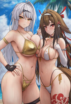Rule 34 | 2girls, animal ears, arm strap, armlet, bare shoulders, beach, bikini, black gloves, blue sky, blush, breasts, brown hair, choker, cleavage, collarbone, commentary request, detached sleeves, fingerless gloves, gloves, gold bikini, hair intakes, hair ornament, hair ribbon, hairband, hairclip, highleg, highleg bikini, highres, holding hands, jewelry, kinoko kun, large breasts, leg tattoo, long hair, looking at viewer, multiple girls, navel, palm tree, red eyes, red ribbon, ribbon, shore, sidelocks, sky, smile, swimsuit, tail, tattoo, thigh strap, thighs, tree, wet, white bikini, white hair, ye shunguang, yellow eyes, yixuan (zenless zone zero), zenless zone zero