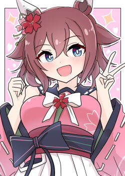 1girl absurdres arnolddayo blue_eyes blush breasts commentary_request detached_sleeves flower hair_between_eyes hair_flaps hair_flower hair_ornament heart highres horse_girl looking_at_viewer medium_breasts medium_hair open_mouth portrait sakura_chiyono_o_(hinoshita_kaisan_hana_akari)_(umamusume) sakura_chiyono_o_(umamusume) simple_background solo sparkle umamusume v