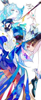 1girl bare_legs bare_shoulders blue_eyes blue_hair bow bowtie breasts cape cerydra_(honkai:_star_rail) crown dress ezu_(e104mjd) highres honkai:_star_rail honkai_(series) medium_breasts mini_crown neon_palette pointed_crown short_hair simple_background white_background