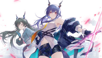 2girls absurdres arknights arknights:_endfield armpits belt black_gloves black_hair black_jacket black_shorts blue_belt blue_gloves blue_hair blue_jacket border breasts ch'en_(arknights) chen_qianyu_(arknights) collared_shirt commentary_request cowboy_shot dragon_girl dragon_horns dragon_tail eastern_dragon_horns eastern_dragon_tail fingerless_gloves from_below gloves hair_between_eyes high_collar highres holding holding_sword holding_weapon horns in-franchise_crossover jacket jiusan_naitang long_hair long_sleeves looking_at_viewer low_twintails medium_breasts midriff multicolored_jacket multiple_girls navel necktie off_shoulder official_art open_clothes open_jacket parted_lips partially_unbuttoned red_eyes sheath shirt short_shorts shorts sidelocks simple_background skirt sleeveless sleeveless_shirt smile sword tail twintails two-sided_gloves two-tone_jacket unsheathing watermark weapon weibo_username weibo_watermark white_background white_shirt white_skirt yellow_necktie