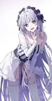 Rule 34 | 1girl, absurdres, bare shoulders, black bow, black eyes, bow, braid, breasts, bright pupils, collar, collarbone, commentary request, crazy eyes, detached sleeves, dress, fate/strange fake, fate (series), francesca prelati (fate), frilled collar, frilled sleeves, frills, garter straps, hair bow, hand on own thigh, highres, leaning to the side, long hair, looking at viewer, moka 01, multiple hair bows, open mouth, panties, showgirl skirt, simple background, single braid, small breasts, solo, striped clothes, striped dress, thighhighs, underwear, v, very long hair, white background, white hair, white panties, white pupils, white thighhighs