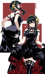 Rule 34 | 1girl, absurdres, ass, back, black dress, black footwear, black gloves, black hair, boots, breasts, cleavage, dress, earrings, fingerless gloves, floral print, gloves, gold hairband, hairband, highres, jewelry, lifted by self, looking back, nico-neko, red eyes, rose print, sidelocks, smile, solo, spy x family, yor briar