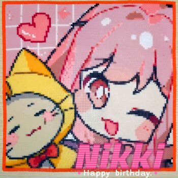 Rule 34 | 1girl, absurdres, ahoge, animal, artist request, black bow, black ribbon, blush stickers, border, bow, bowtie, bright pupils, brown eyes, cat, character name, chibi, chinese commentary, cloak, closed eyes, clothed animal, commentary request, ear covers, english text, grid background, hair bow, hair ribbon, happy, happy birthday, heart, highres, hood, hood up, hooded cloak, infinity nikki, long hair, low twintails, momo (nikki), nikki (nikki), nikki (series), one eye closed, open mouth, orange border, pink background, pink hair, red bow, red bowtie, ribbon, second-party source, sidelocks, smile, traditional bowtie, tress ribbon, twintails, unconventional media, upper body, white cat, white pupils, yellow cloak