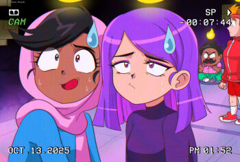 1990s_(style) 2boys 2girls animification breasts brenni_murasaki commentary duo_(duolingo) duolingo eddy_(duolingo) english_commentary eyeshadow highres large_breasts lily_(duolingo) looking_at_viewer makeup multiple_boys multiple_girls oscar_(duolingo) purple_eyeshadow purple_hair purple_sweater retro_artstyle shirt short_hair sweater turtleneck turtleneck_sweater