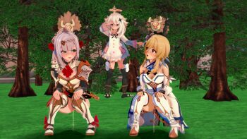 3d 3girls blonde_hair blur_censor blush caught censored embarrassed floating grass lumine_(genshin_impact) multiple_girls noelle_(genshin_impact) open_mouth outdoors paimon_(genshin_impact) peeing peeing_together pussy short_hair source_request squatting thighhighs tree white_hair
