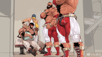 4boys abs ass bag bara beard body_fur bracelet bulge character_request chest_hair cross-laced_clothes cross-laced_legwear dark-skinned_male dark_skin el_fuerte facial_hair from_below full_beard grin hand_on_own_chin head_out_of_frame headband highres jewelry large_pectorals light_blush looking_at_another male_focus mature_male mohawk multiple_boys muscular muscular_male navel navel_hair nipples official_alternate_costume pectorals reflection reflection_focus ryu_(street_fighter) shopping_bag short_hair smile solo_focus spiked_bracelet spikes standing stomach street_fighter street_fighter_6 stroking_own_chin strongman_waist thick_beard thick_chest_hair thick_eyebrows thick_navel_hair thick_thighs thighs tooboshoo topless_male wrestler wrestling_mask yaoi zangief