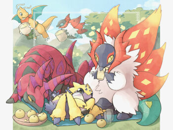 +_+ bowl cloud commentary_request cup day dragonite drinking food fruit galvantula gen_1_pokemon gen_5_pokemon glass highres holding holding_cup knhb_tail nintendo no_humans outdoors pillarboxed pokemon pokemon_(creature) scolipede sky slither_wing volcarona white_fur yellow_eyes