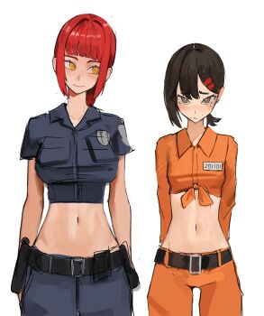 Rule 34 | 2girls, absurdres, alternate costume, belt, black belt, black hair, blue pants, blunt bangs, brown eyes, chainsaw man, commentary, english commentary, higashiyama kobeni, highres, makima (chainsaw man), mole, mole under eye, multiple girls, navel, orange pants, pants, police, police uniform, policewoman, prison clothes, red hair, ringed eyes, shirt, sidelocks, simple background, tefi blum, tied shirt, white background, yellow eyes