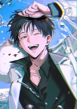 1boy ;d arm_up biyoo_(omniscient_reader&#039;s_viewpoint) black_hair black_shirt blue_eyes blue_sky blush buttons coat collarbone collared_shirt creature daenarys day eyelashes hand_on_own_head hand_up kim_dokja long_sleeves looking_at_viewer male_focus ocean omniscient_reader&#039;s_viewpoint one_eye_closed open_clothes open_coat open_mouth outdoors shirt short_hair sky smile solo splashing teeth tongue upper_body water water_drop white_coat