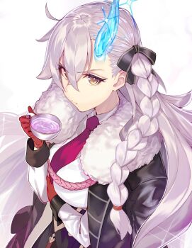 1girl braid breasts commentary_request cup earrings fate/grand_order fate_(series) french_braided_twintails fur_trim gloves hair_between_eyes hair_ribbon highres holding holding_cup horns jewelry long_hair long_sleeves looking_at_viewer necktie olga_marie_animusphere olga_marie_animusphere_(unbeast) red_gloves red_necktie ribbon see-through_horns shiny_horns shirt single_horn solo tea teacup tsukudani_(ore624) very_long_hair white_hair white_shirt