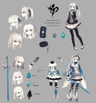 1girl angry armor armored_boots armored_dress bare_shoulders black_shirt black_thighhighs blouse blue_eyes boots breasts choker concept_art crystar dress full_body hair_ornament hand_on_own_chest hatada_rei head_tilt highres holding holding_sword holding_weapon long_hair long_sleeves looking_at_viewer multiple_expressions multiple_views official_art open_mouth pigeon-toed rapier riuichi shirt shoes skirt small_breasts smile sword thighhighs tiara translation_request weapon white_hair white_shoes white_skirt zettai_ryouiki