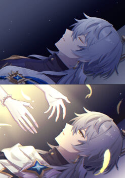 1boy 1girl aiga_ippai black_background black_shirt blue_background bracelet closed_eyes commentary_request from_side gradient_background grey_hair half-closed_eyes head_wings highres honkai:_star_rail honkai_(series) jacket jewelry looking_at_another looking_up lying on_back parted_lips robin_(honkai:_star_rail) scarf shirt short_hair sunday_(honkai:_star_rail) sunday_(sacerdos'_relived_ordeal)_(honkai:_star_rail) upper_body white_jacket white_scarf wings yellow_background