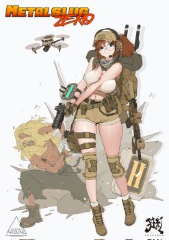 Rule 34 | 1boy, 1girl, aircraft, ammunition pouch, arm between breasts, artist logo, artist name, assault rifle, backpack, bag, bare shoulders, baseball cap, beard, belt, between breasts, black pants, blonde hair, blue eyes, boots, breasts, brown bag, brown gloves, brown hair, brown shorts, cleavage, combat boots, copyright name, crazyred, crop top, curvy, drone, facial hair, finger on trigger, fio germi, full body, glasses, glock, gloves, green pants, gun, handgun, hat, headset, heavy machine gun, helicopter, highres, holding, holding gun, holding weapon, holster, holstered, horse tail, huge breasts, knee pads, large breasts, logo, long hair, looking at viewer, looking to the side, machine gun, metal slug, midriff, military operator, navel, nervous, pants, ponytail, pouch, powering up, prisoner of war (metal slug), revolver, rifle, round eyewear, short shorts, shorts, sign, simple background, smile, socks, standing, suppressor, tactical clothes, tail, tank top, thigh holster, thigh pouch, thigh strap, topless male, torn clothes, trigger discipline, watch, weapon, white background, white tank top, wristwatch, yellow shorts