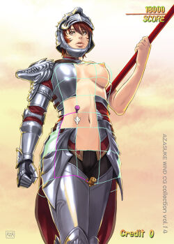 1girl armor azasuke breasts covered_erect_nipples dancing_eyes female_focus helmet highres hildegard_von_krone knight large_breasts lips mole navel nipples score solo soul_calibur soulcalibur soulcalibur_iv standing weapon yellow_eyes