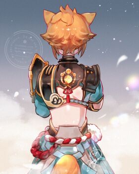 Rule 34 | 1boy, animal ears, armor, artist name, asymmetrical sleeves, back, brown hair, commentary request, crop top, dog boy, dog ears, dog tail, facing away, from behind, genshin impact, glint, gorou (genshin impact), grey pants, highres, igote, jagabokkuru, japanese armor, japanese clothes, light particles, long sleeves, male focus, pants, rope, rope belt, shimenawa, short hair, short sleeves, shoulder armor, signature, single sode, sode, solo, standing, tail, tassel, uneven sleeves, vision (genshin impact), watermark