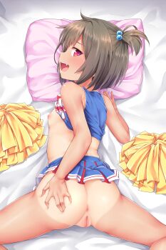 1girl anus ass bar_censor bed bed_sheet blush breasts brown_hair censored cheerleader cleft_of_venus come_hither fang female_focus from_above from_behind grabbing_own_ass hair_bobbles hair_ornament hand_on_own_ass highres kanabun loli looking_at_viewer looking_back lying nipples on_bed on_stomach one-piece_tan open_mouth original pillow pom_pom_(cheerleading) pussy red_eyes short_hair small_breasts smile solo spread_legs tan tanline teeth third-party_edit tongue uncensored