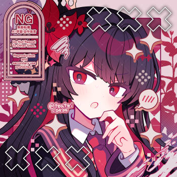 1girl :o black_hair black_jacket blush colored_inner_hair commentary dot_nose flower hair_flower hair_ornament hand_up highres jacket long_hair long_sleeves looking_at_viewer mahou_shoujo_no_majo_saiban multicolored_hair necktie nikaido_hiro open_mouth red_eyes red_hair red_necktie shirocha_tei solo sparkle spoken_blush sweat twitter_username two-tone_hair upper_body watermark wing_collar