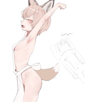 1girl 1other absurdres ahoge animal_ears apron arknights armpits banhmixiumai breasts closed_mouth doctor_(arknights) english_text fox_ears fox_girl fox_tail from_side guy_tired_after_sex_(meme) highres loli meme naked_apron open_mouth short_hair simple_background small_breasts sussurro_(arknights) tail