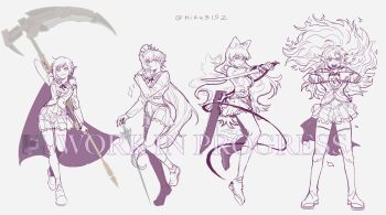 4girls absurdres afterimage ahoge artist_name blake_belladonna boots bow breasts cloak commentary crescent_rose dress earrings ember_celica_(rwby) english_commentary english_text full_body gambol_shroud gauntlets greyscale hair_bow highres hiru315 holding holding_sheath holding_sword holding_weapon hood hooded_cloak jewelry katana long_hair looking_at_viewer medium_breasts monochrome multiple_girls myrtenaster open_mouth ponytail rapier ruby_rose rwby scar scar_across_eye scar_on_face scythe sheath short_hair side_ponytail simple_background skirt smile standing sword teeth twitter_username unfinished upper_teeth_only weapon weiss_schnee yang_xiao_long