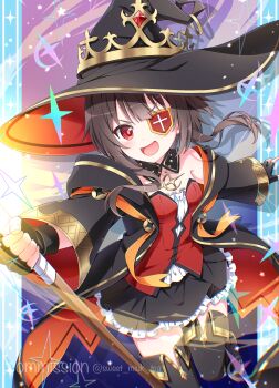 1girl :d absurdres alternate_costume bandages bare_shoulders black_boots black_gloves black_hat black_robe black_skirt blue_background blunt_bangs blush boots breasts commentary commission cowboy_shot detached_collar drop_shadow eyepatch fingerless_gloves floating_hair frilled_skirt frills gloves gradient_background hat highres holding holding_staff kono_subarashii_sekai_ni_shukufuku_wo! long_sleeves looking_at_viewer mage_staff megumin miniskirt one_eye_covered open_clothes open_mouth open_robe outstretched_arms purple_background red_eyes red_shirt robe shirt short_hair_with_long_locks simple_background skeb_commission skirt small_breasts smile smug solo sparkle staff standing standing_on_one_leg sweet_miuk_tea thigh_boots thighhighs twitter_username two-sided_fabric two-sided_headwear v-shaped_eyebrows watermark wide_sleeves witch_hat zettai_ryouiki