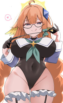 1girl :q absurdres ahoge black_gloves black_leotard blue_archive bow braid breasts commentary_request covered_navel cowboy_shot feather_hair glasses gloves green_bow green_neckerchief grey_eyes halo heart highres holding holding_riding_crop hoshimi_0 impossible_clothes impossible_leotard large_breasts leotard long_hair long_sleeves looking_at_viewer neckerchief official_alternate_costume orange_hair riding_crop shimiko_(blue_archive) shimiko_(magical)_(blue_archive) simple_background smile solo spoken_heart tongue tongue_out twin_braids white_background yellow_halo