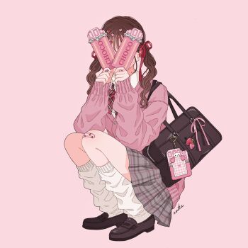 asuka_(a20_suka002018) bag bag_charm bow brown_hair brown_shoes candy cardigan charm_(object) chocolate chocolate_bar choppy_bangs covered_face food full_body hair_ornament highres leg_warmers long_hair long_sleeves original pink_background pink_cardigan pleated_skirt red_bow school_bag school_uniform shoes simple_background skirt square twintails variant_set white_leg_warmers