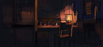 bedroom bookshelf chair cup desk dim_lighting highres indoors lamp map night no_humans original painterly scenery smumji1 variant_set window window_blinds window_light