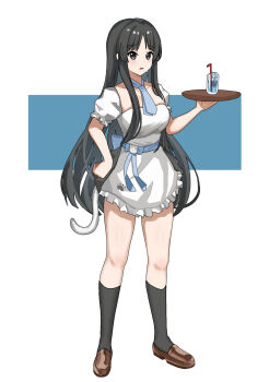 Rule 34 | 1girl, akiyama mio, back bow, black hair, black socks, blue bow, blue necktie, bow, breasts, brown shoes, cafe, cat tail, cleavage, commentary, cup, drinking glass, drinking straw, highres, holding, holding plate, ice, ice cube, k-on!, long hair, mianbao, necktie, paw print, plate, puffy short sleeves, puffy sleeves, shoes, short sleeves, socks, sweatdrop, tail, waitress, white background