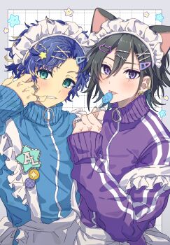 Rule 34 | 2boys, absurdres, alternate costume, animal ears, apron, aqua eyes, astel leda, badge, black hair, blonde hair, blue hair, blue jacket, border, button badge, candy, cat ears, cat hair ornament, clenched teeth, crossdressing, crossdressing (mtf), ear piercing, earrings, enmaided, fake animal ears, finger in own mouth, food, frilled apron, frills, grey border, grid background, hair between eyes, hair ornament, hairclip, hand up, highres, holding, holding candy, holding food, holding lollipop, holostars, jacket, jersey maid, jewelry, kanade izuru, licking, light blush, lollipop, long sleeves, looking at viewer, maid, maid apron, maid headdress, male focus, male maid, meroriimu, multicolored hair, multiple boys, multiple rings, name tag, outside border, piercing, pinky ring, purple eyes, purple jacket, ring, short hair, side-by-side, sleeves past wrists, star (symbol), star hair ornament, star ring, strap slip, streaked hair, teeth, tongue, tongue out, track jacket, unconventional maid, upper body, virtual youtuber, white apron, white background, x hair ornament