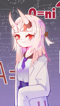 1girl absurdres alternate_costume caul_illust collarbone commentary fang gradient_hair hair_between_horns hexagon_hair_ornament highres hololive horn_ornament horns lab_coat long_hair long_sleeves looking_at_viewer multicolored_hair nakiri_ayame necktie nervous_sweating oni oversized_clothes purple_necktie red_eyes red_hair skin-covered_horns skin_fang sweat virtual_youtuber white_hair