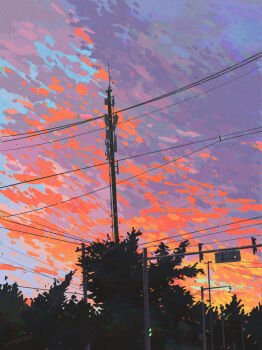 absurdres chinese_commentary cloud cloudy_sky colorful commentary_request evening fangpeii highres no_humans original outdoors power_lines radio_tower sky traffic_light tree utility_pole