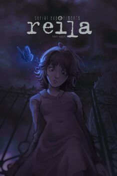 1girl artist_name blue_butterfly brand_name_imitation breasts brown_hair bug butterfly character_name commentary covered_navel dress fear_&amp;_hunger_(series) fear_&amp;_hunger_2:_termina fence from_below highres insect long_sleeves looking_at_viewer looking_down night night_sky parted_lips pink_dress poster_parody reila_(fear_&amp;_hunger) rher_(fear_&amp;_hunger) serial_experiments_lain short_hair sky small_breasts solo symbol-only_commentary toxic_nugget
