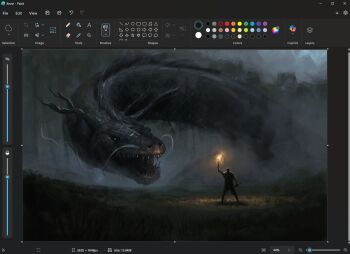 Rule 34 | 1other, art program in frame, burning, christian young, creature, fire, fog, forest, from behind, full body, grey sky, holding, holding sword, holding torch, holding weapon, leviathan (mythology), microsoft paint (medium), microsoft paint (software), monster, nature, original, outdoors, scenery, screencap, sharp teeth, sky, standing, sword, teeth, torch, tree, weapon