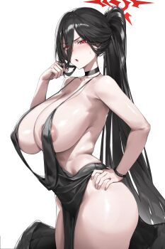 1girl :o absurdres alternate_costume areola_slip bead_bracelet beads black_choker black_dress black_hair black_wings blue_archive blush bracelet breasts choker collarbone dress eyes_visible_through_hair from_side halo hand_up hasumi_(blue_archive) highres huge_breasts jewelry long_hair looking_at_viewer looking_to_the_side low_wings open_mouth paid_reward_available ponytail red_eyes red_halo samart sideboob simple_background solo very_long_hair white_background wings