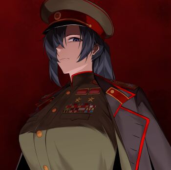 1girl badge black_hair blue_eyes breasts buttons hair_between_eyes hair_over_one_eye hammer_and_sickle hat huge_breasts insignia jacket jacket_on_shoulders looking_at_viewer mafrn3_(g03s) military military_hat military_jacket military_uniform ponytail red_background soviet soviet_army star_(symbol) staring valentina_(nuclear-il2)