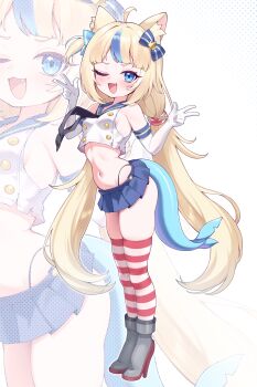 1girl absurdres ahoge animal_ears azur_lane blonde_hair blue_eyes blue_sailor_collar blush cat_ears cosplay double_v elbow_gloves fang female_focus fins fish_tail full_body gloves hair_ribbon high_heels highres hyeonin_gentora indie_virtual_youtuber legs loli long_hair long_twintails looking_at_viewer navel necktie one_eye_closed ribbon sailor_collar sameko_saba shimakaze_(kancolle) skindentation skirt smile solo tail thighhighs thighs thong twintails v virtual_youtuber white_background