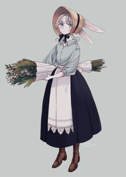 1girl animal_ears apron black_skirt bonnet boots bouquet breasts brown_bonnet brown_boots chinstrap closed_mouth collared_shirt commentary_request dated flower full_body grey_background grey_eyes grey_hair grey_shirt high_heel_boots high_heels holding holding_bouquet lace-up_boots limo_nine long_skirt looking_at_viewer open_collar original rabbit_ears rabbit_girl rabbit_tail shirt short_hair signature simple_background skirt small_breasts solo standing swept_bangs tail white_apron