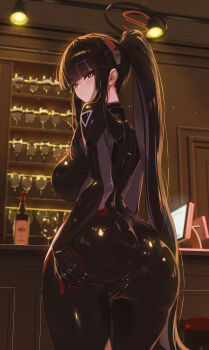 1girl absurdres ass back bar_counter bar_stool black_bodysuit black_hair black_halo blue_archive blunt_bangs bodysuit bottle breasts cameltoe cash_register ceiling_light commentary_request cowboy_shot cup drinking_glass fieryonion from_behind halo hand_on_own_ass high_ponytail highres huge_breasts indoors large_breasts latex latex_bodysuit light_bulb long_hair looking_at_viewer looking_back multicolored_halo official_alternate_costume ponytail red_eyes rio_(armed)_(blue_archive) rio_(blue_archive) smile solo standing stool two-tone_halo very_long_hair wine_bottle wine_glass