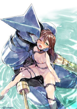 Rule 34 | 1boy, 1girl, absurdres, android, armor, asagi marin, bar censor, blue armor, blue skin, blush, bound, breasts, brigadoon, brown hair, censored, colored skin, commentary request, completely nude, green eyes, height difference, hetero, highres, licking, licking another's face, mecha, mecha on girl, medium hair, melan blue, mugitarou, nipples, nose blush, nude, partially submerged, pussy, red eyes, robot, sex, sitting, sitting on lap, sitting on person, small breasts, tentacle sex, tentacles, vaginal