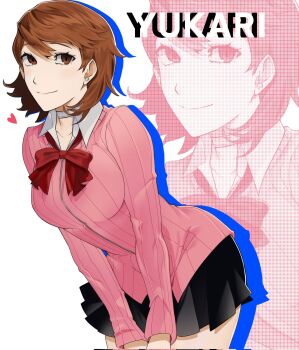 1girl black_skirt bow bowtie breasts brown_eyes brown_hair cardigan character_name choker closed_mouth collarbone commentary cowboy_shot denjumyy drop_shadow earrings flipped_hair gekkoukan_high_school_uniform heart highres jewelry leaning_forward long_sleeves looking_at_viewer loose_bowtie medium_breasts miniskirt persona persona_3 persona_3_reload pink_cardigan pleated_skirt red_bow red_bowtie ribbed_cardigan school_uniform shirt short_hair skirt smile solo stud_earrings takeba_yukari white_choker white_shirt wing_collar zipper