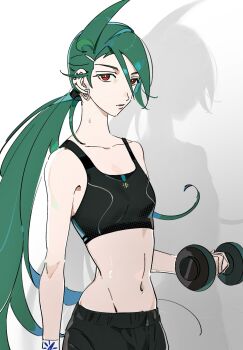 1girl ahoge alternate_costume black_pants black_sports_bra bright_pupils collarbone commentary dumbbell earrings exercising geetasdog green_hair hair_between_eyes highres holding jewelry long_hair navel nintendo pants pokemon pokemon_sv ponytail red_eyes rika_(pokemon) solo sports_bra stud_earrings sweat weightlifting wristband