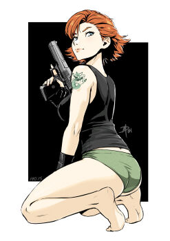 Rule 34 | bare shoulders, barefoot, blue eyes, breasts, desert eagle, fingerless gloves, gloves, green panties, gun, handgun, highres, holding, holding gun, holding weapon, kneeling, meryl silverburgh, metal gear (series), metal gear solid, no pants, panties, polarityplus, red hair, tank top, tattoo, underwear, weapon